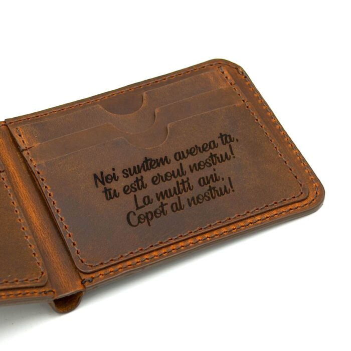 portofel piele vintage maro barbati personalizat text interior