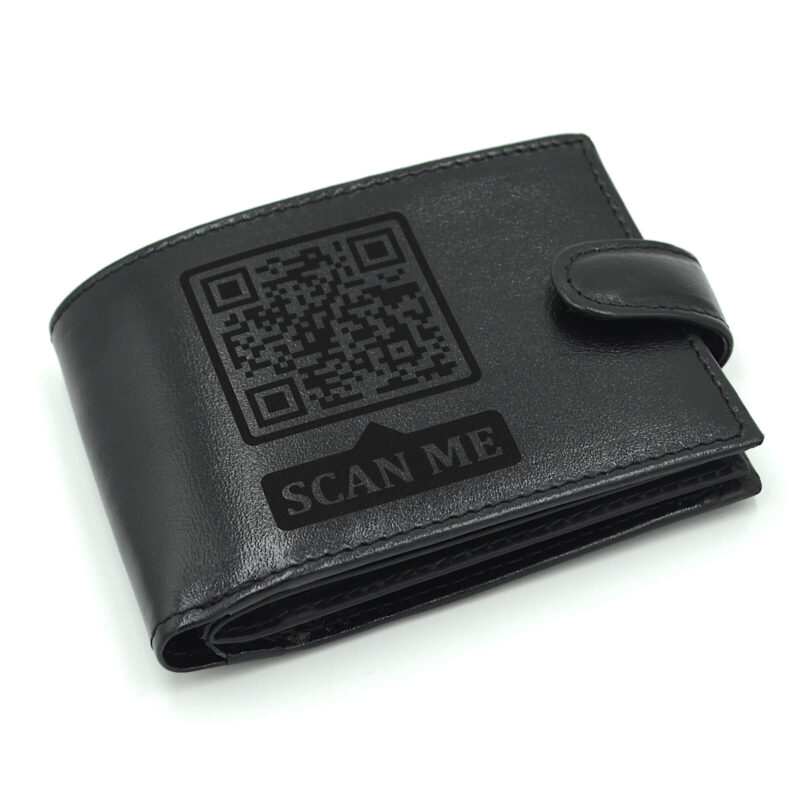 cadou iubit portofel negru piele personalizat cu mesaj vide secret cod qr